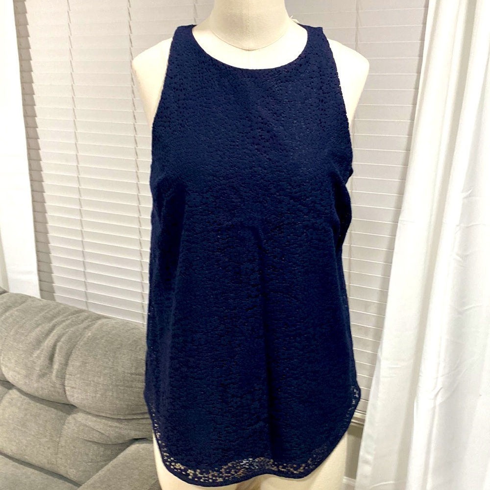 NWT ANN TAYLOR Navy Blue Flower Lace Lined Sleeveless Blouse